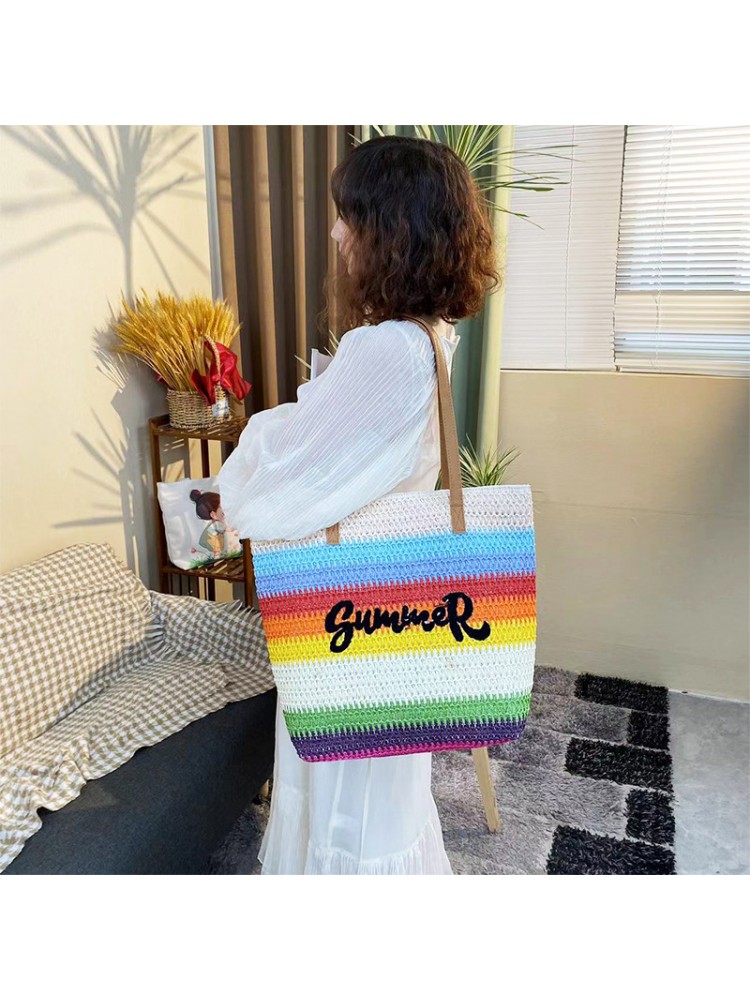 Bohemian Colorblock Straw Tote Bag