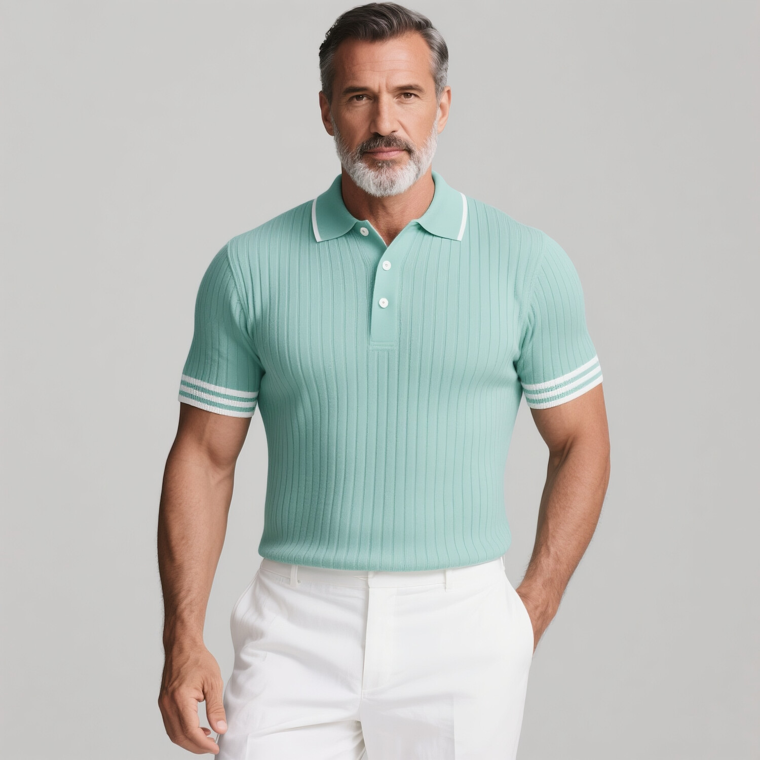 Men's White Striped Ribbed Half Button Short Sleeve Polo Shirt