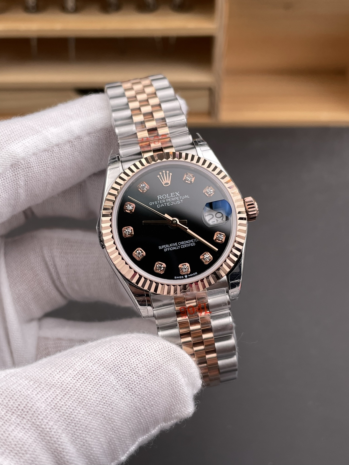 Two-Tone Rose Gold Black Dial Diamond Hour Markers Datejust Ladies