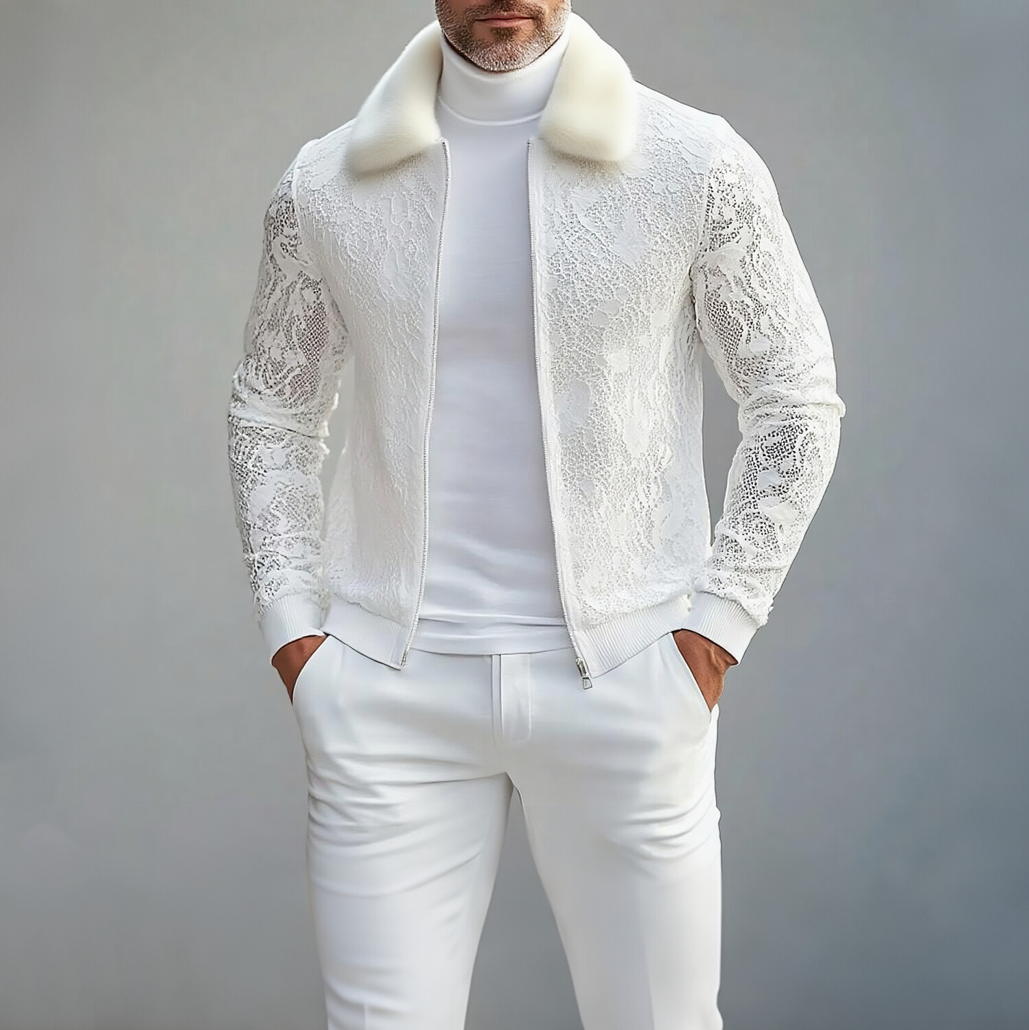 Men's Furry Turndown Collar Lace Long Sleeve Zip Up Jacket
