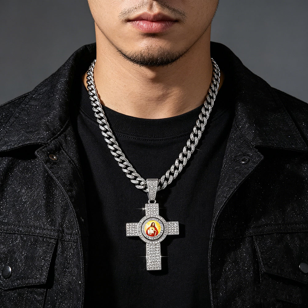 Rotatable Sacred Heart Jesus Cross Cuban Link Necklace ✨ Divine Protection & Spiritual Redemption Talisman