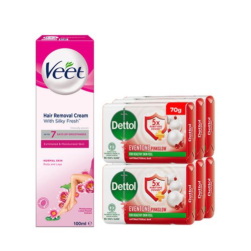 Veet Hair Removal Cream 100ml + Dettol 70g Pink Glow - Pack Of 6