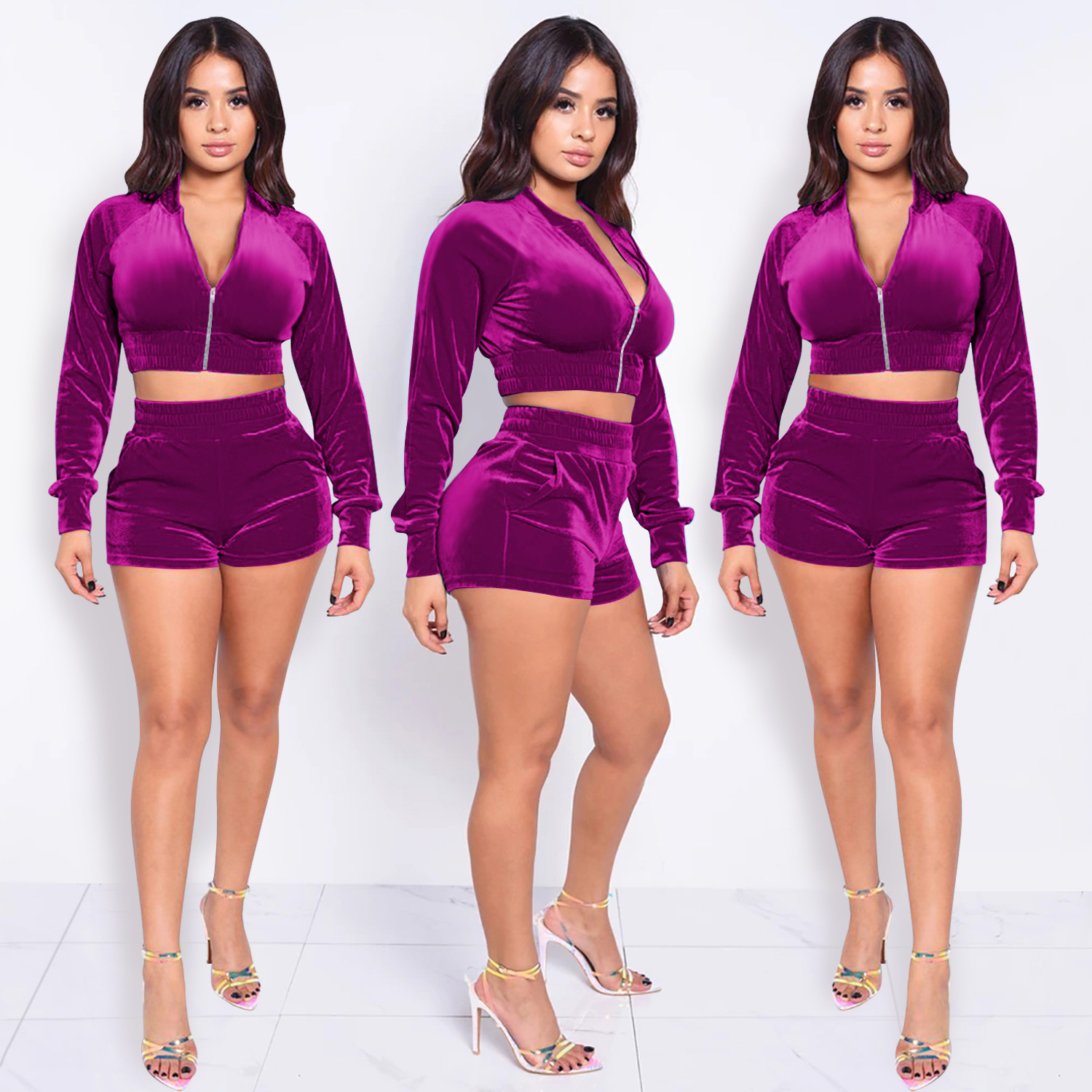 Women Velvet Autumn Long-Sleeve Top and Shorts Two-Piece Set