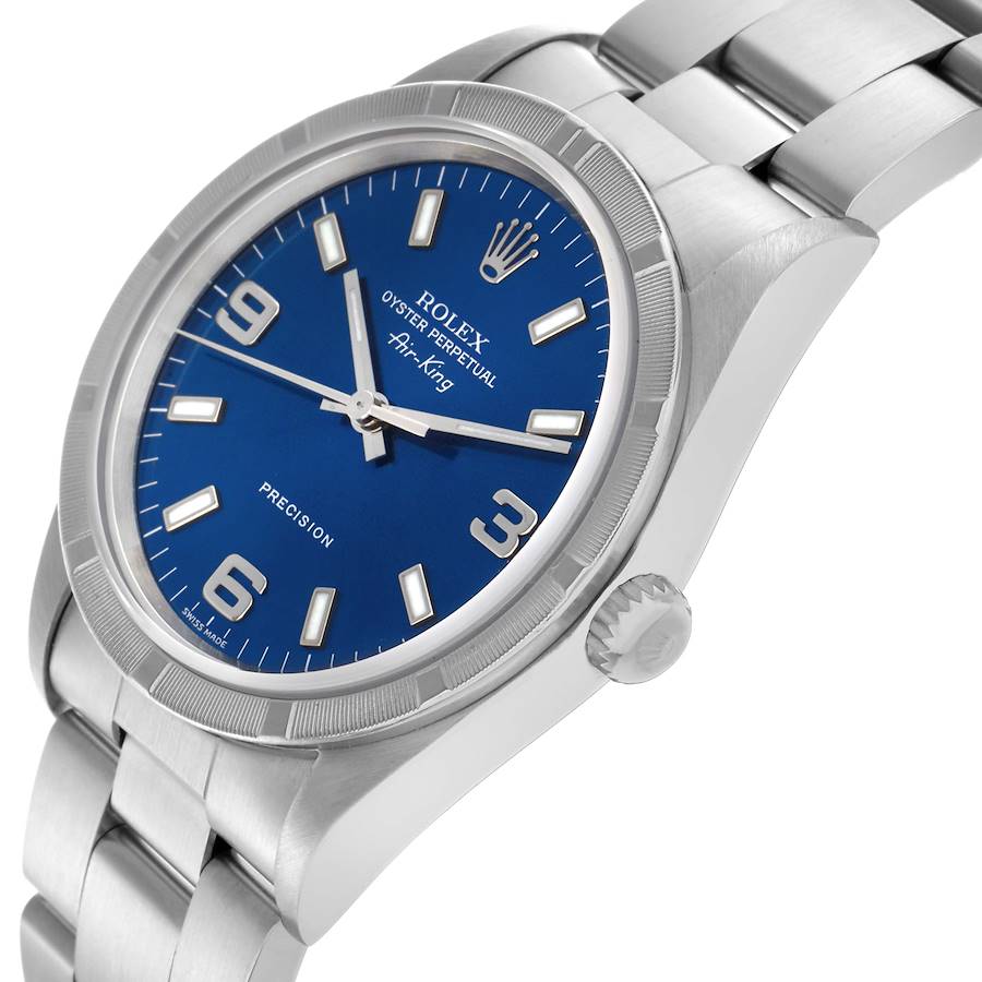 Rolex Air King Engine Turned Bezel Blue Dial Steel Mens Watch 14010