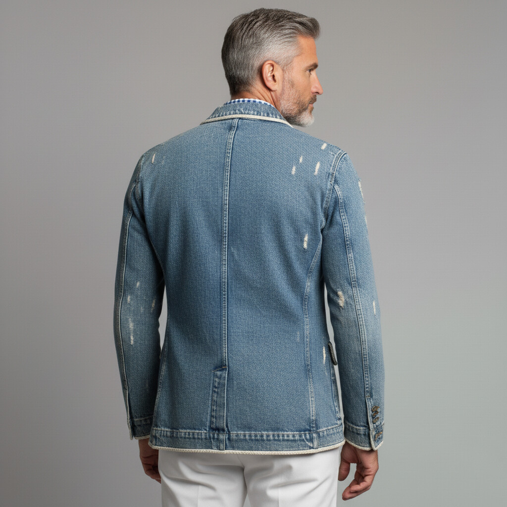 Men's Blue Notch Lapel Long Sleeve Two Button Ripped Denim Blazer