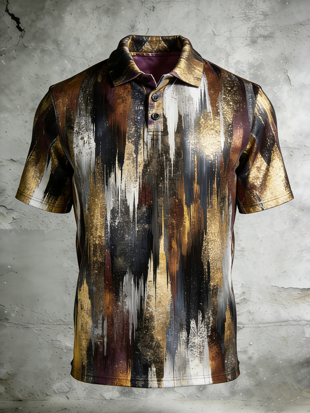 Moisture Wicking 3D Abstract Gradient Black Gold Wood Grain Short Sleeve Golf Polo