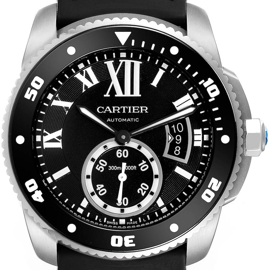 Cartier Calibre Diver Black Dial Rubber Strap Steel Mens Watch W7100056