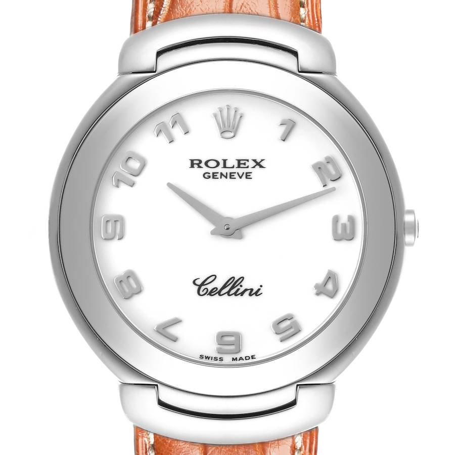 Rolex Cellini White Gold White Dial Brown Strap Mens Watch 6623