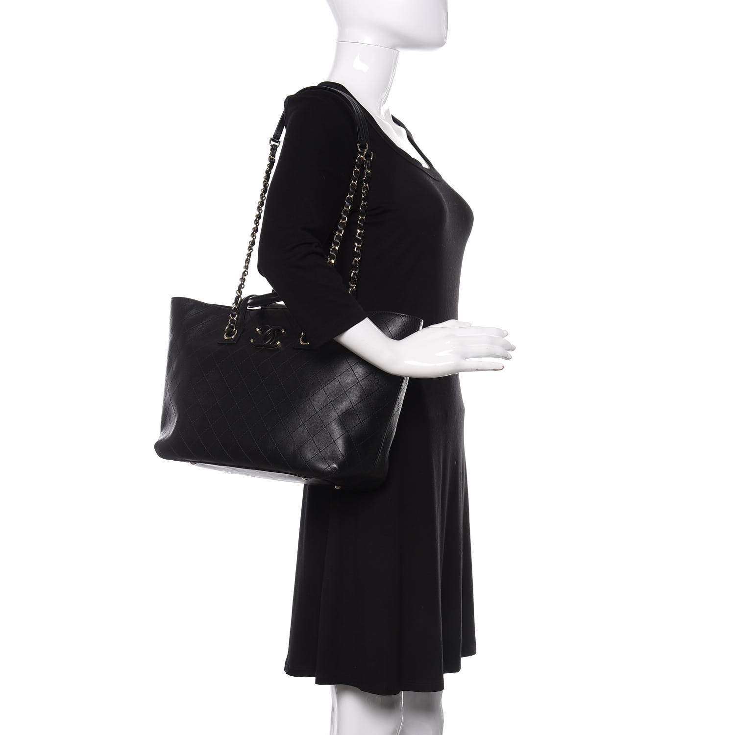 Calfskin Stitched Shopping Tote Black