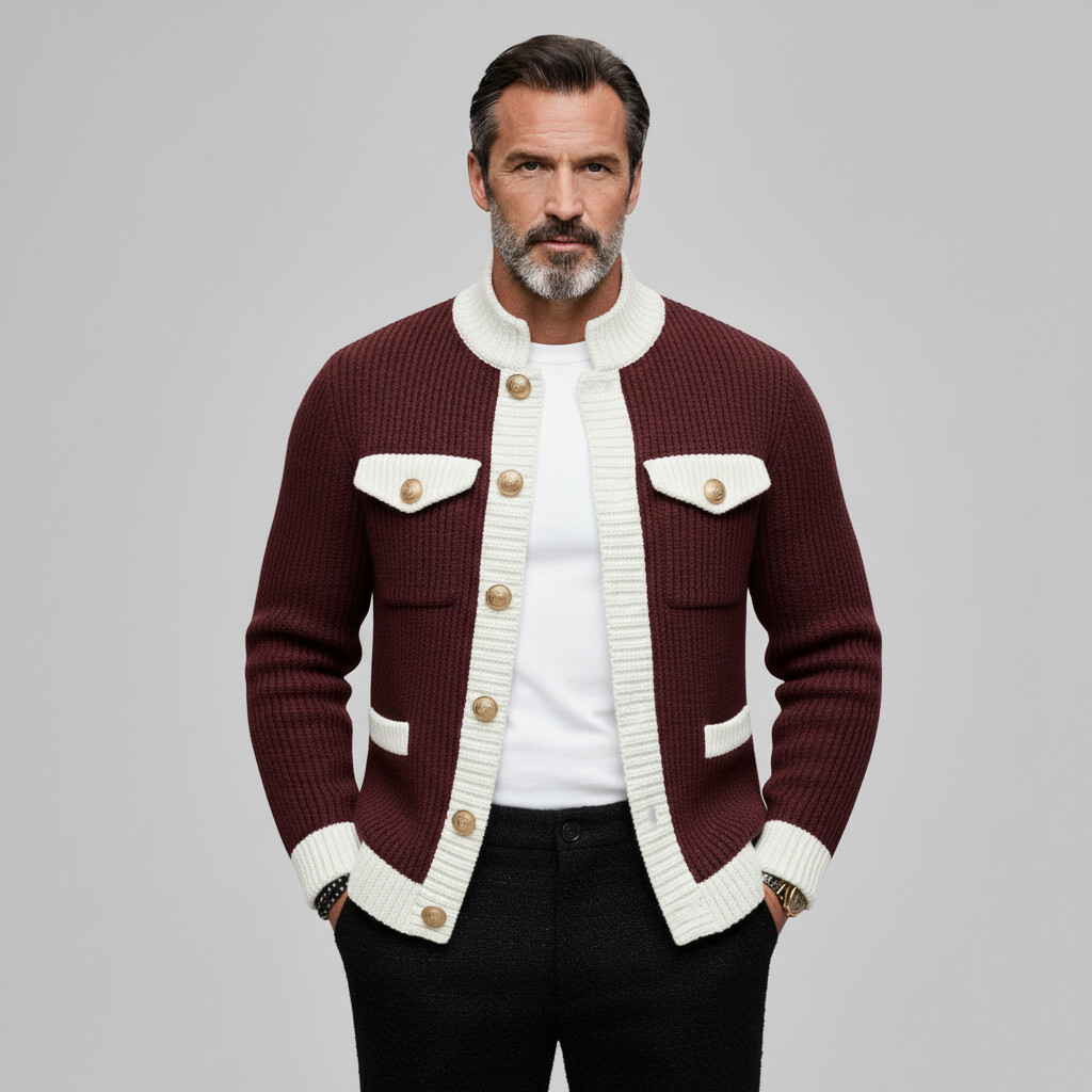 Men's Burgundy Contrast Trim Stand Collar Long Sleeve Single Breasted Knit Cardigan