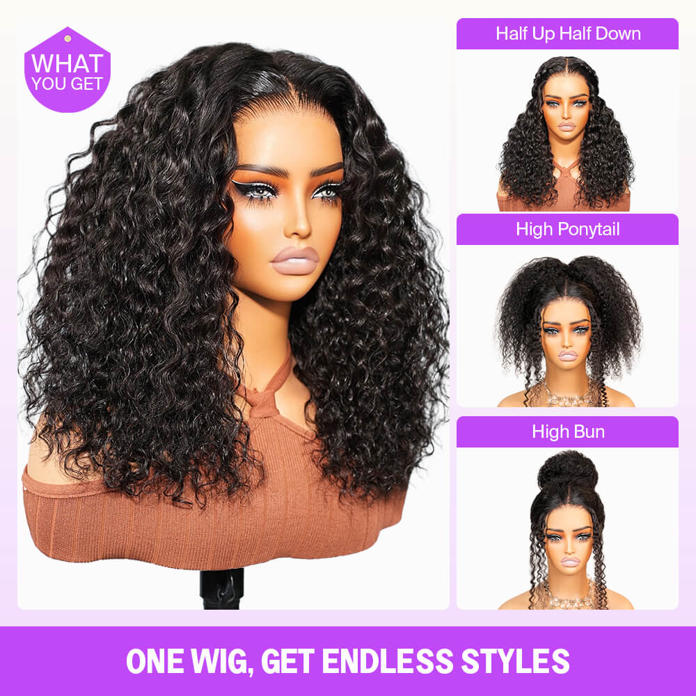 Megalook 3D Lace Half Wig Glueless Water Wave Hair With Breathable Dome Cap 6Inch Deep Parting