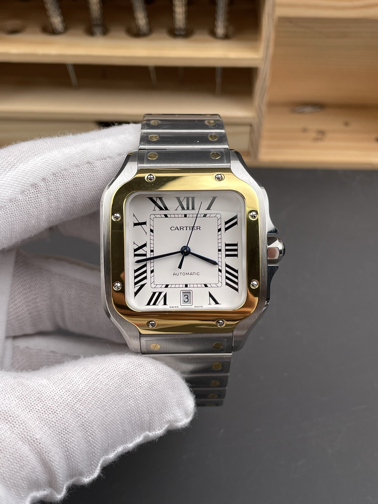 Santos Two-Tone White Dial Men Large Size