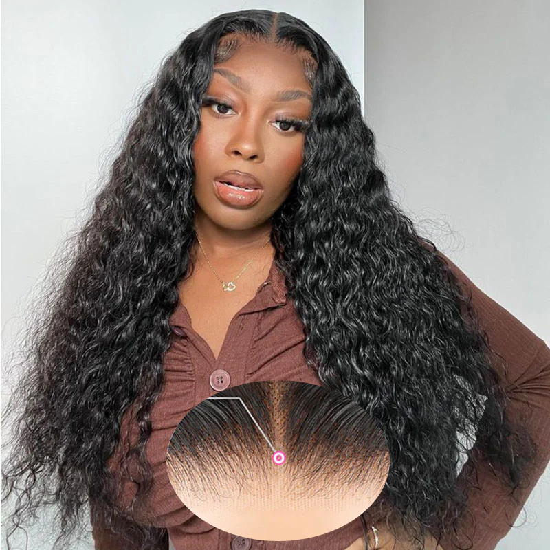 Megalook 6x5 Invisible Knots Glueless Water Wave Wigs Realistic Hairline Natural Black Beginner Friendly