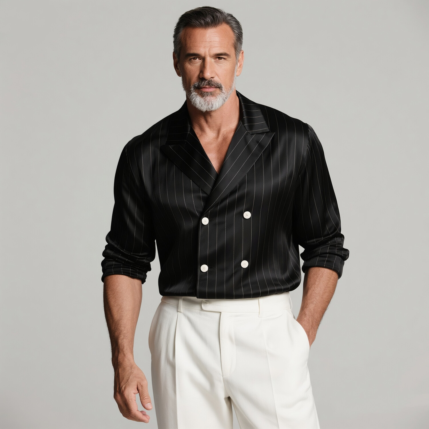 Men's Business Pinstriped Lapel Collar Double Breasted Long Sleeve Satin Shirt