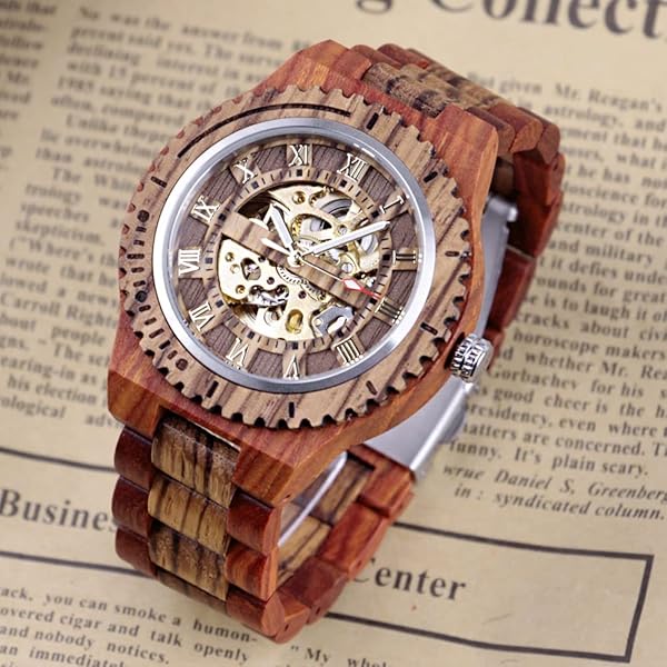 Men's Wooden Watch Triangle Skeleton Automatic Watch Mechanical Wood Watches for Men Red