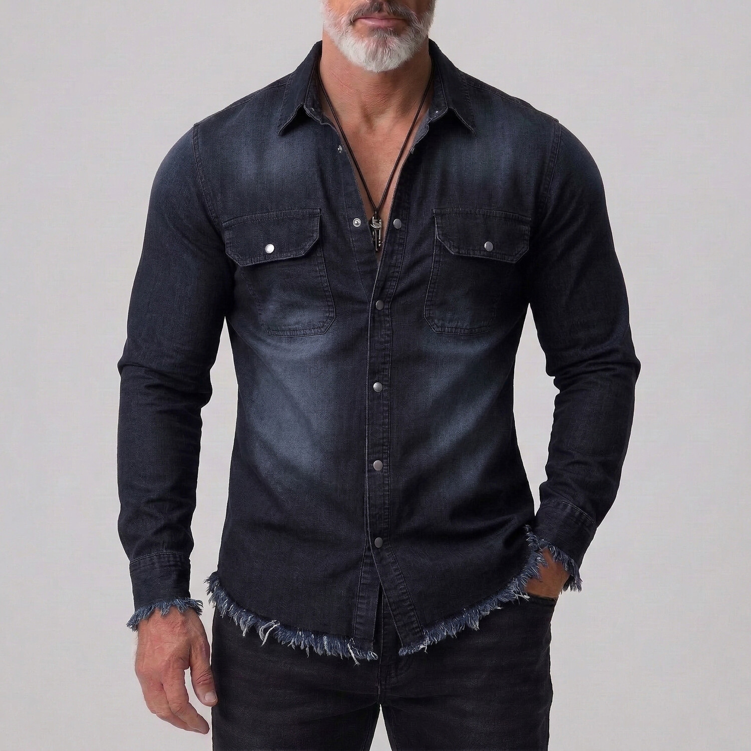 Men's Western Distressed Denim Raw Hem Single Breasted Long Sleeve Shirt