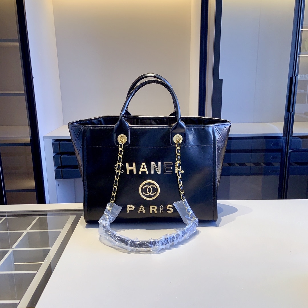 Chanel Deauville Large Shopping Bag Leather Black 38Cm