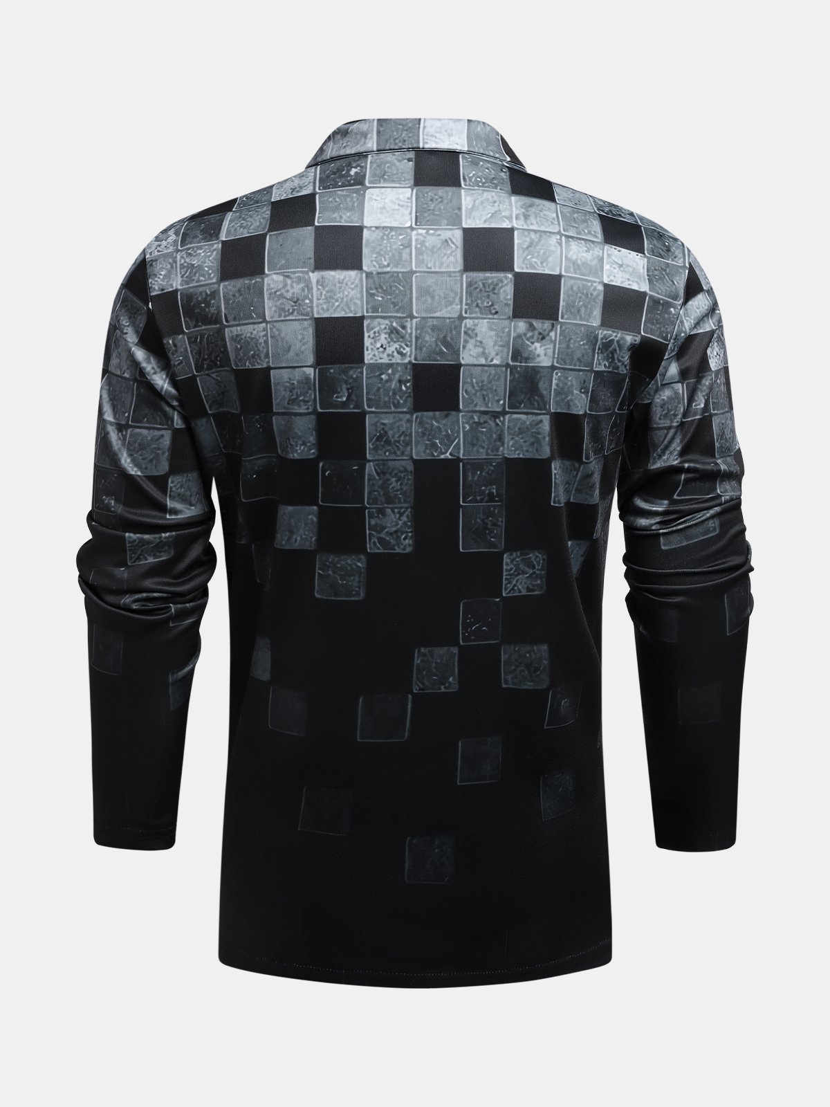 Gradient Geometric Color-Block Button Long Sleeve Polo