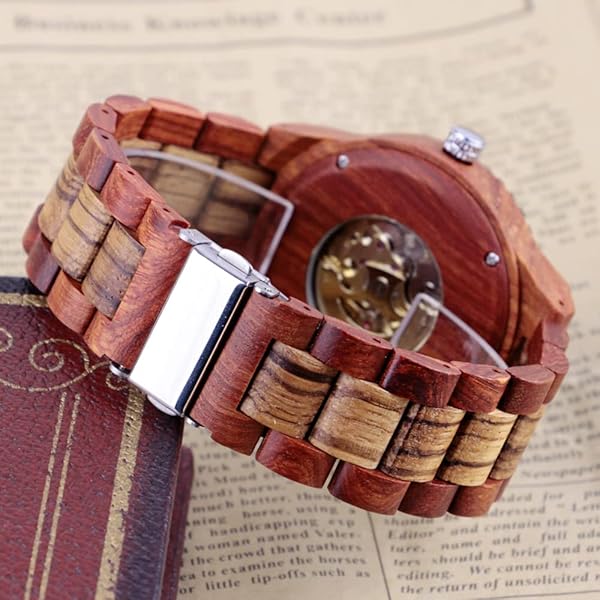 Men's Wooden Watch Triangle Skeleton Automatic Watch Mechanical Wood Watches for Men Red