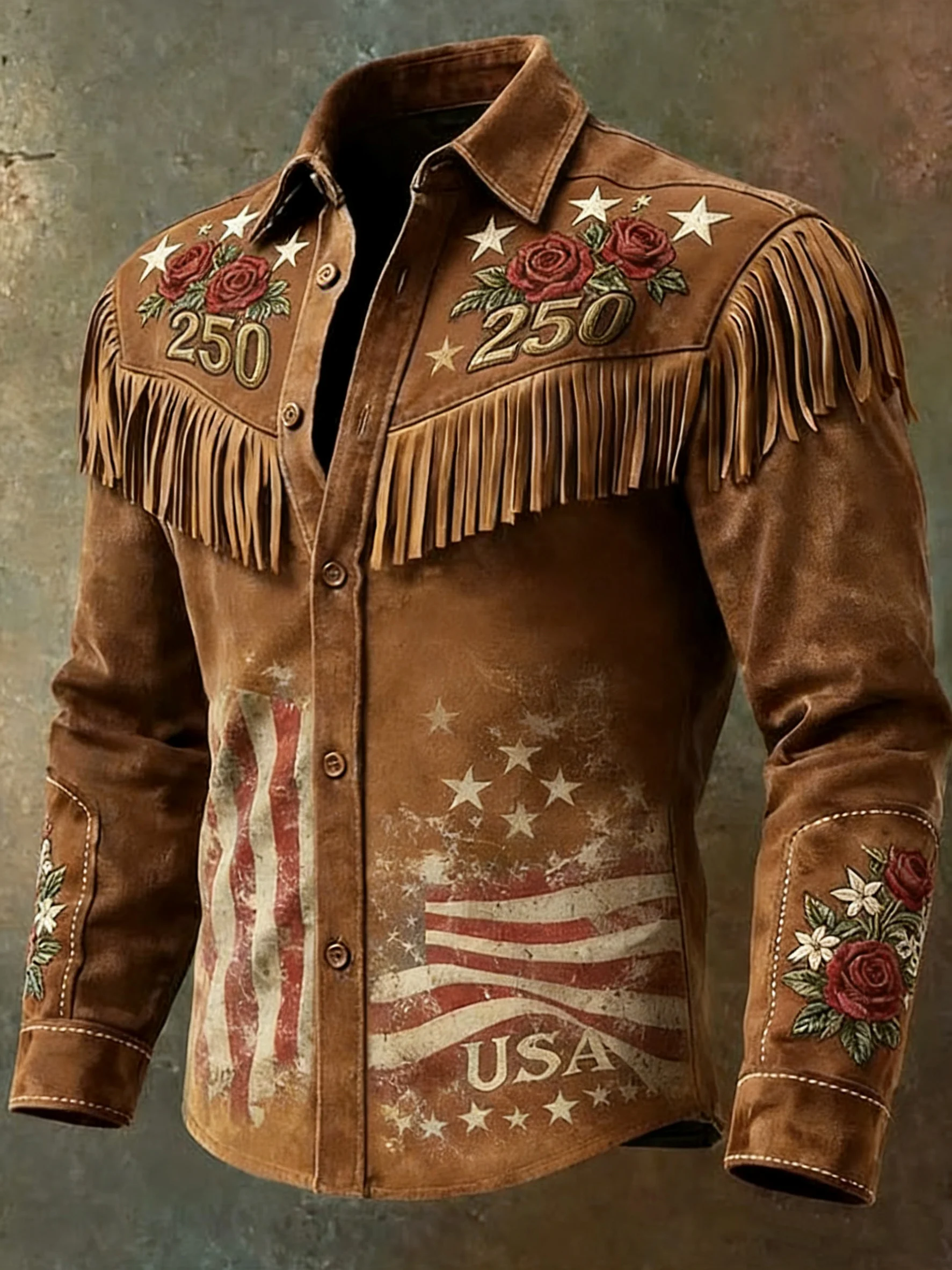 Men'S Vintage Distressed Western-Style 250th Anniversary Commemorative Printed Shirt