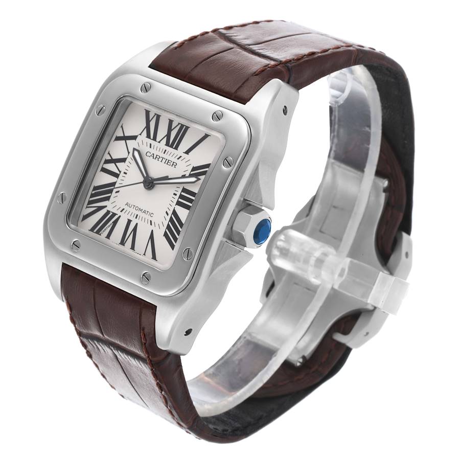 Cartier Santos 100 Brown Strap Steel Mens Watch W20073X8