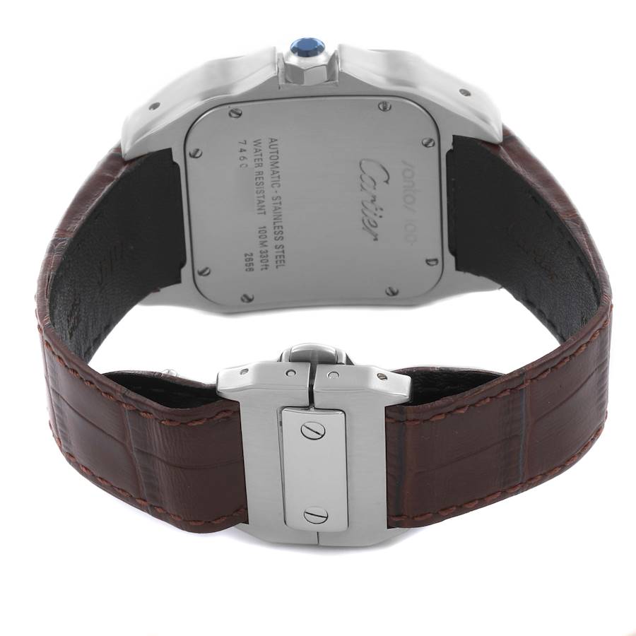 Cartier Santos 100 Brown Strap Steel Mens Watch W20073X8