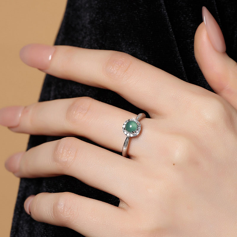 GemVibra Blue Water Jadeite Open Ring, S925 Silver with Rhinestone Halo