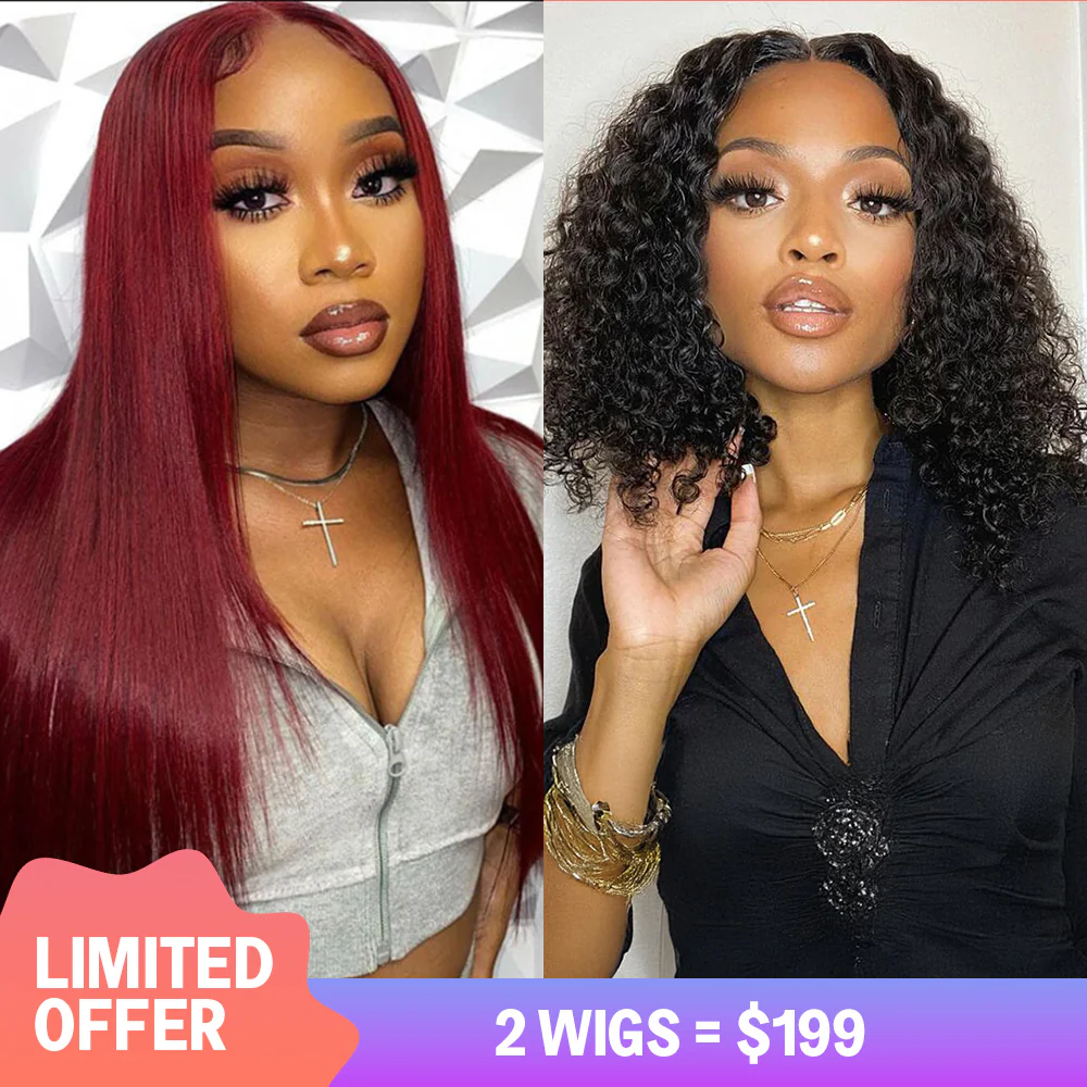 $199=2 Wigs | 18inch 5x6 Glueless 99J Straight 180% Density Plus 12inch V Part Water Wave Bob Wig