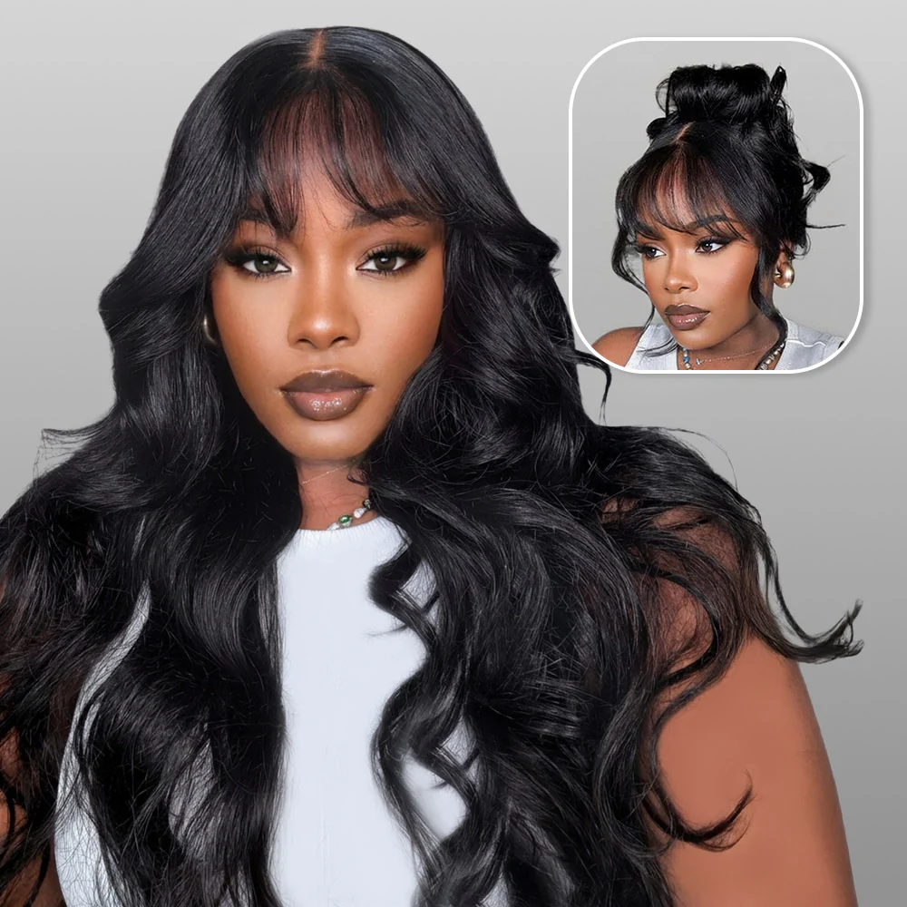 Megalook 5x5 Invisible Knots With Curtain Bang Loose Wave Natural Black Wig Pre-Cut Lace Beginner Friendly