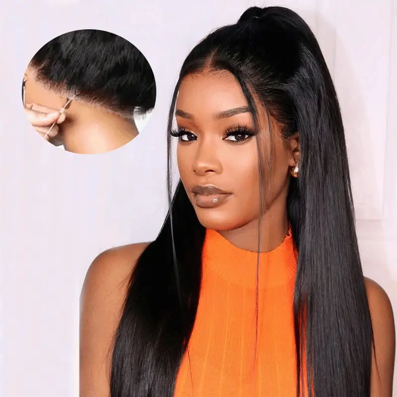 Megalook 360 Full Lace Glueless Silky Straight Wigs Invisi Drawstring Natural Black Pull & Go