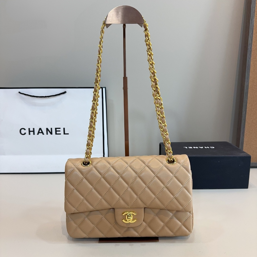Chanel Medium Classic Double Flap Beige Gold Hardware 25Cm