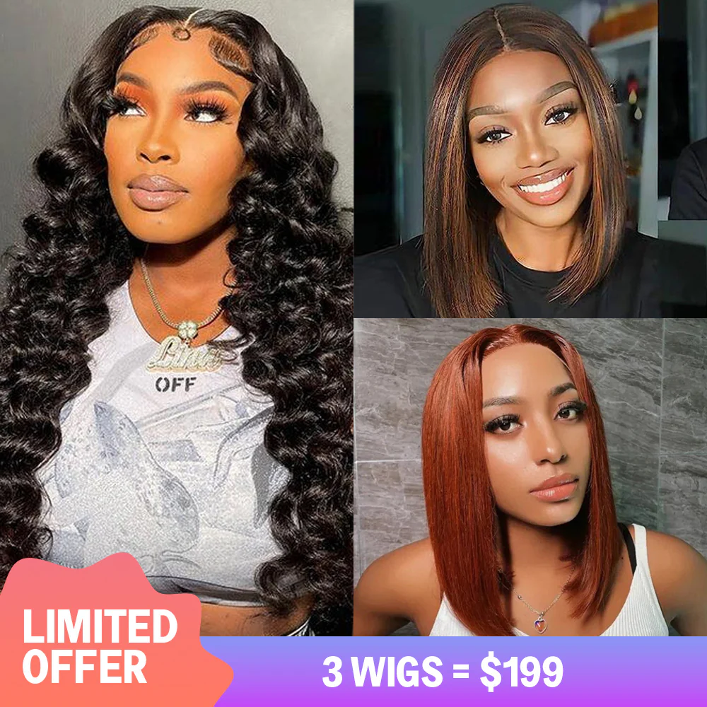 $199=3 Wigs | 18inch Easy Wear And Go 6X5 Loose Curly +  10inch 13x4 Lace Frontal #33 Straight  + 12inch 13x4 Lace Frontal 1BP30 Color Bob Wig Straight