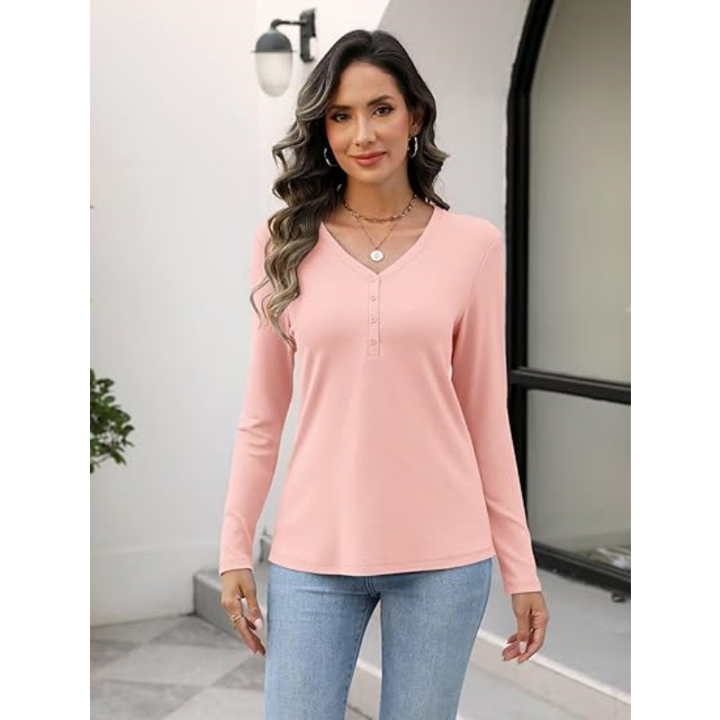 Women's Long Sleeve V‑Neck Henley Tops
