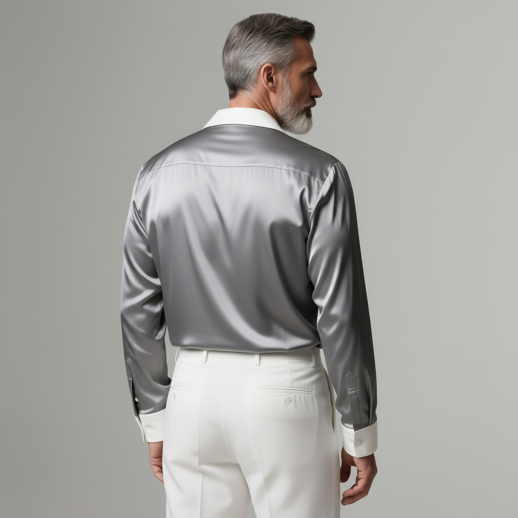 Men's Business Casual Silver Satin Contrast Camp Collar Long Sleeve Shirt