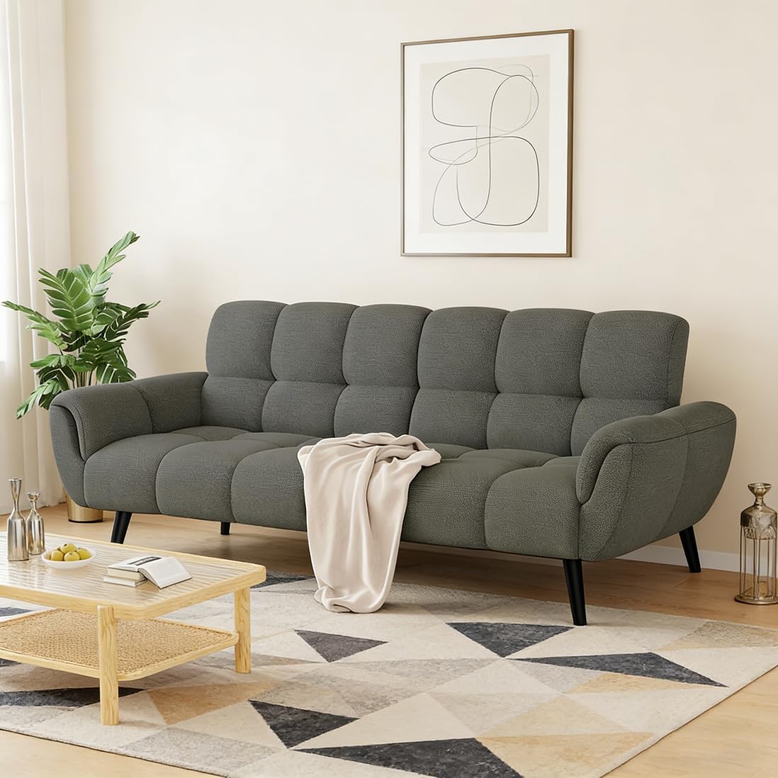 Modern Three Seater Sofa Bed with Tufted Fabric