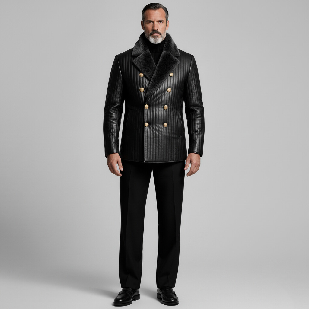 Men's Black Furry Collar Long Sleeve Double Breasted Pocket Vertical Quilted PU Leather Jacket