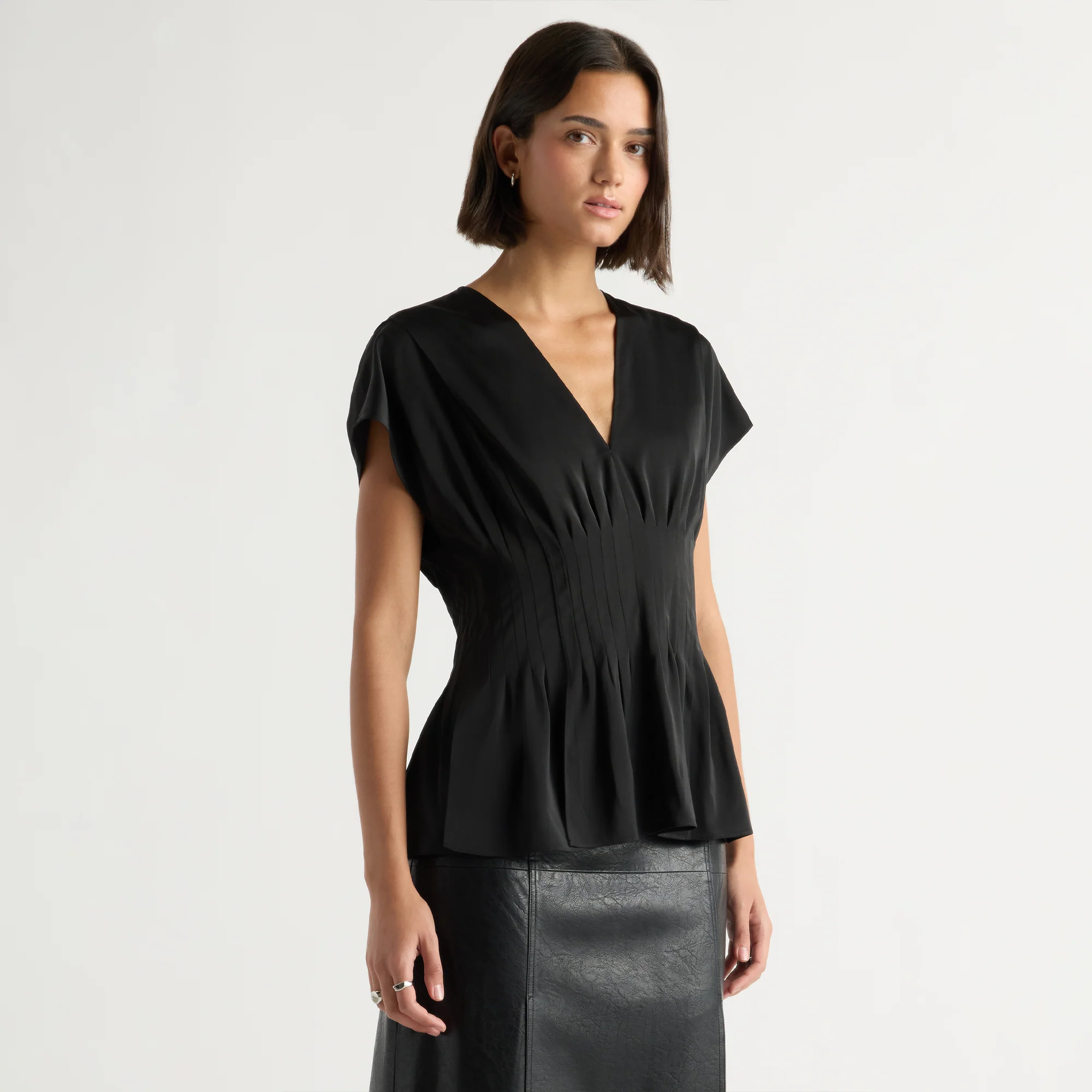 Sora Pleated Satin V-Neck Blouse