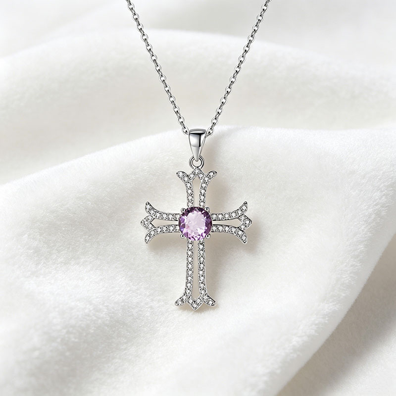 GemVibra Cross Pendant Necklace in 925 Silver with Gemstone Center