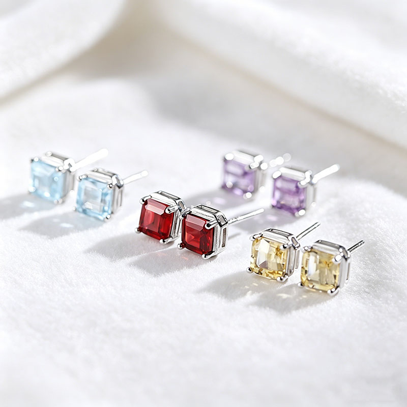 GemVibra Square Sugar Stud Earrings, S925 Silver with Natural Multi-Gem Variants