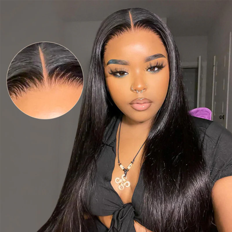 Megalook 6 Inches Deep Part Wigs Silky Straight Natural Black 100% Human Hair Wig