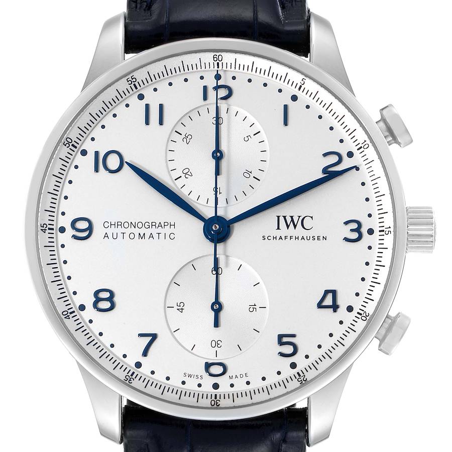 IWC Portugieser Chrono Silver Dial Blue Hands Steel Mens Watch IW371605