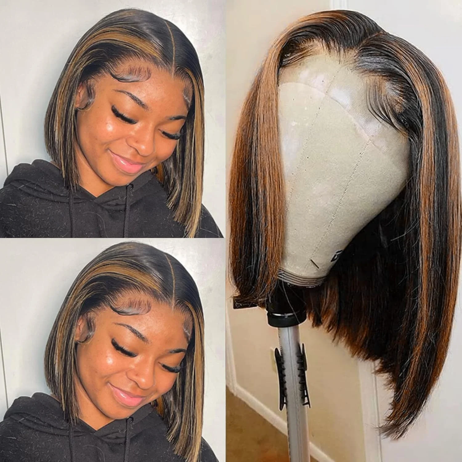 Megalook Bogo Free 6 Inches Deep Part Wigs 1BP30 Highight Straight Bob 100% Human Hair Wig