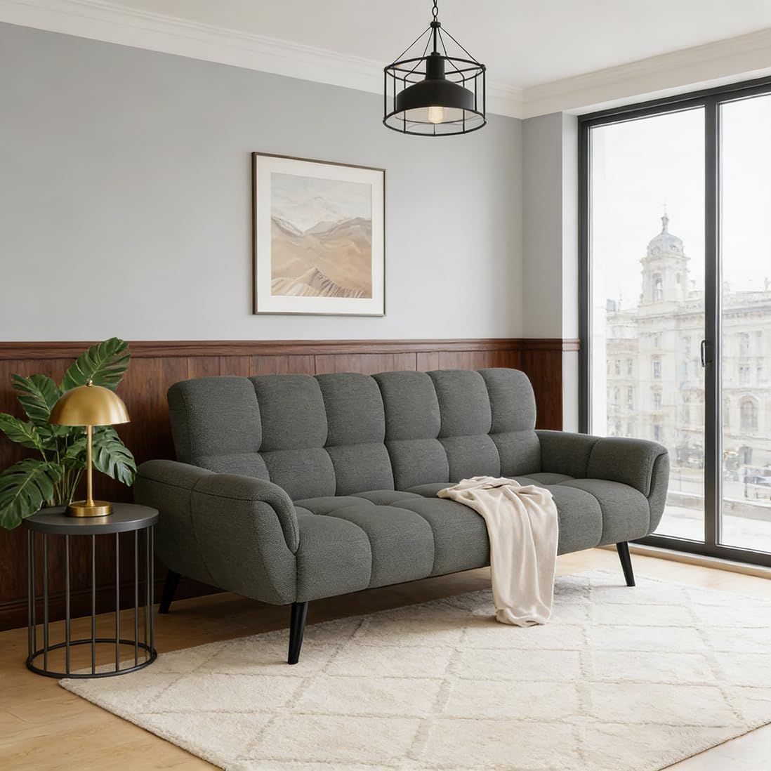 Modern Three Seater Sofa Bed with Tufted Fabric