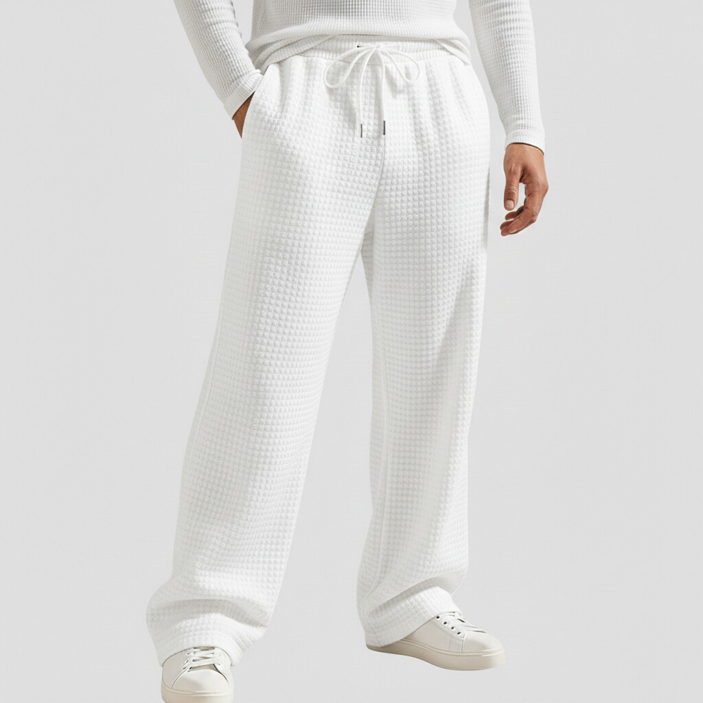 Men's Casual Waffle Drawstring Slant Pocket Straight Leg Pants
