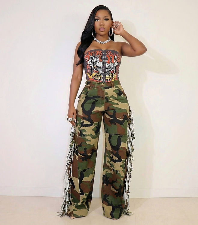 Women Camouflage Tassel Pocket Button Camouflage Pants