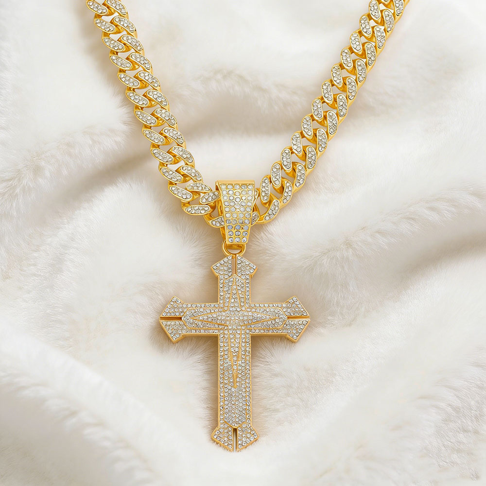 Dual Tone Cross Cuban Necklace, Protection & Divine Faith Energy Talisman