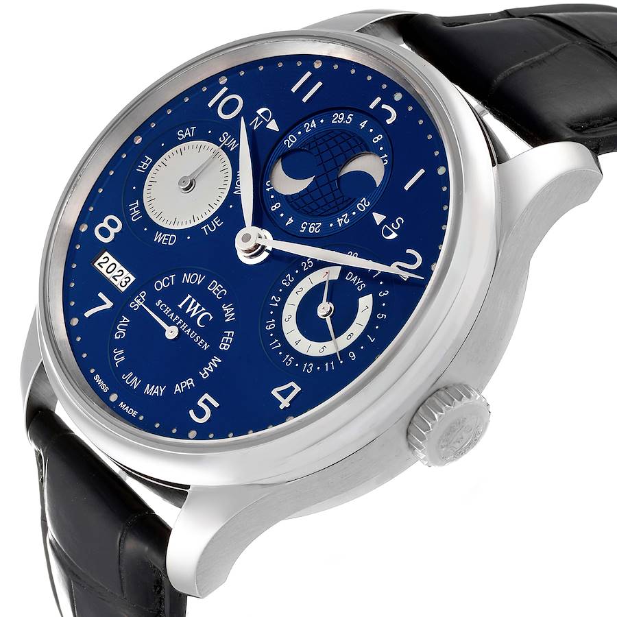 IWC Portuguese Perpetual Calendar Blue Dial White Gold Mens Watch IW503203