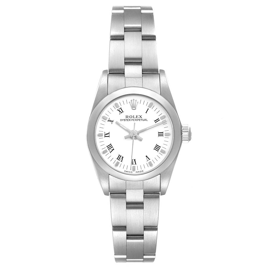 Rolex Oyster Perpetual White Roman Dial Smooth Bezel Steel Ladies Watch 76080