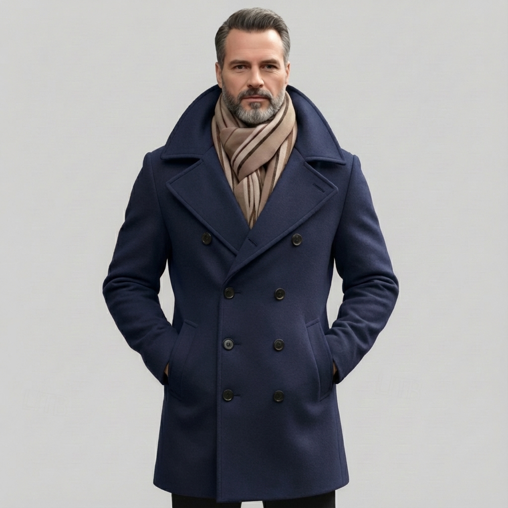 Men's Business Casual Lapel Collar Double Breasted Long Sleeve Pocket Trench Coats