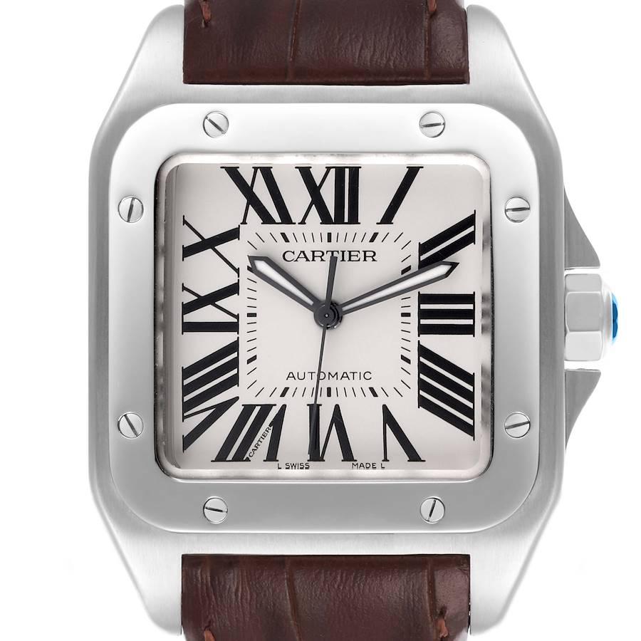 Cartier Santos 100 Brown Strap Steel Mens Watch W20073X8